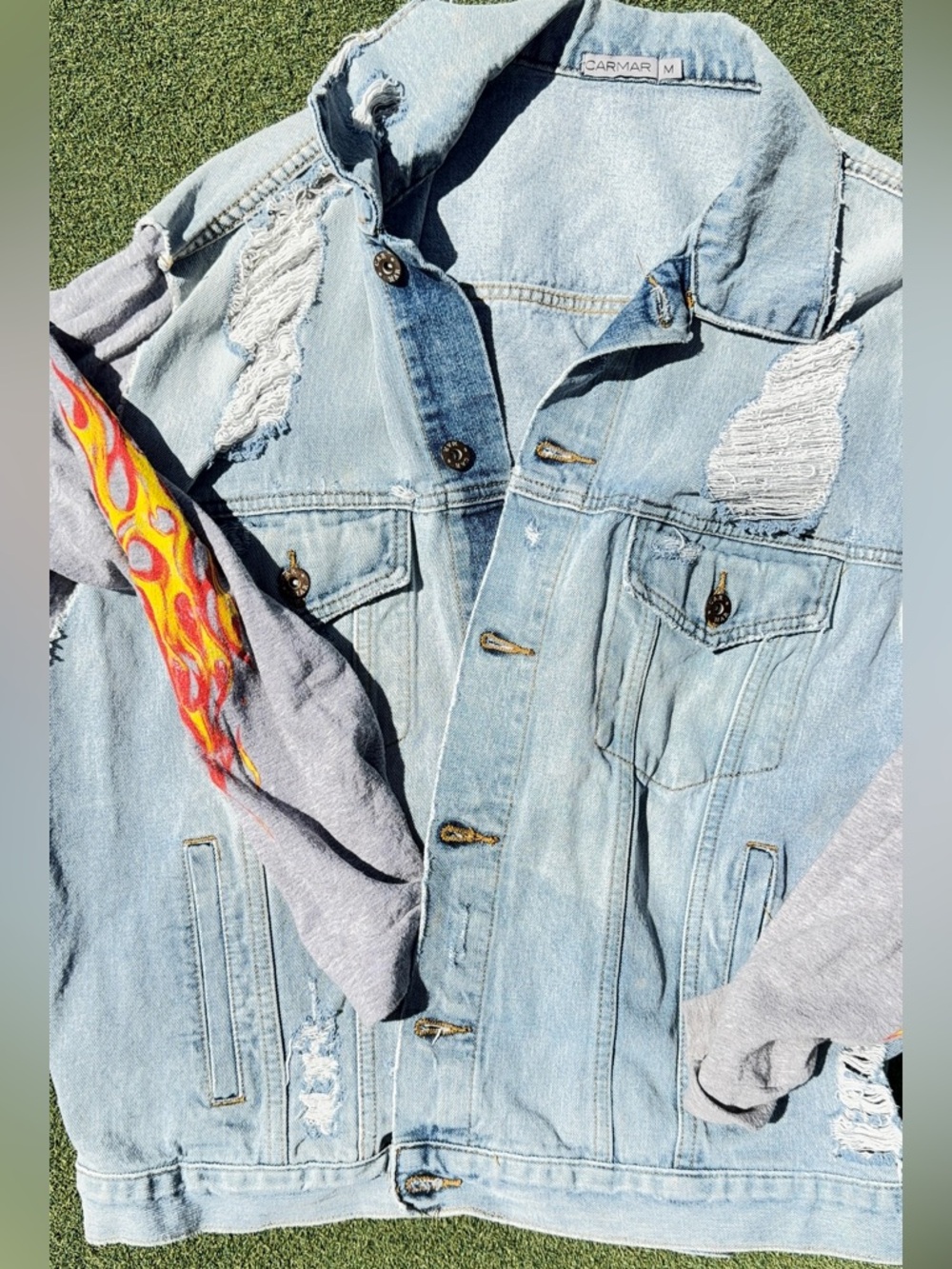 Carmar Light Wash Denim Jacket with Gray Flame Sleeves- can fit a Large